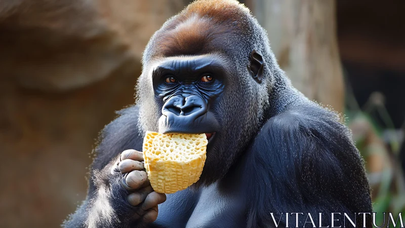 Gorilla calmly snacks on honeycomb bread in soft daylight.