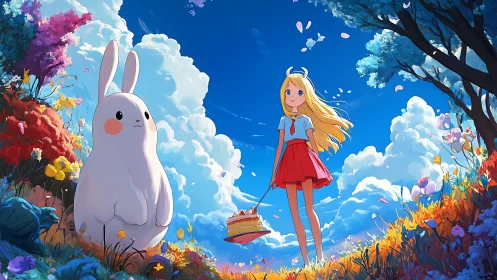 Girl shares cake with giant bunny in a dreamy flower meadow