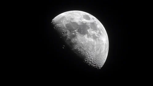 Detailed half moon with craters in deep black night sky.