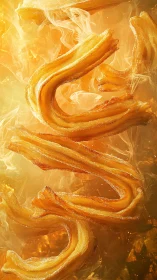Golden churros swirl through warm sugary steam in midair