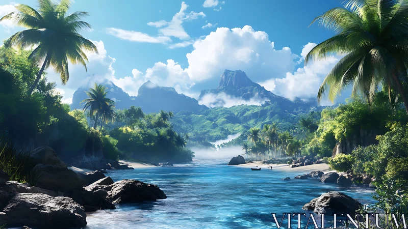 Tropical Paradise River Valley Surrounded by Misty Mountains.