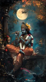 Divine blue musician under luminous autumn moonlit sky.