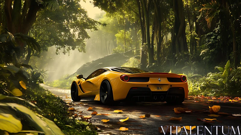Yellow supercar glows against a misty, sunlit jungle road