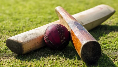 Cricket ball with two wooden bats on closely mown grass field.