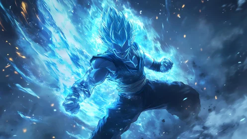 Blue energy-charged anime warrior in explosive power surge