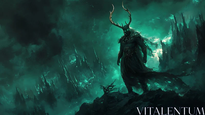 Antlered shadow lord over emerald storm abyssal realm.