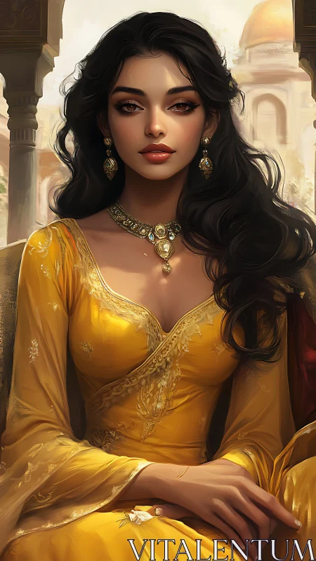 Regal woman in golden gown amid sunlit palace arches.