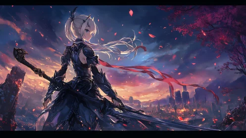 Armored anime heroine surveys a burning neon-lit city