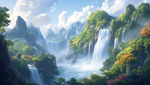 Sunlit cascade valley amid misty emerald mountainscape.