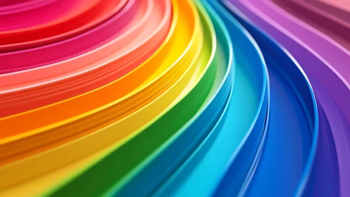 Curved rainbow colored strips form layered flowing arcs