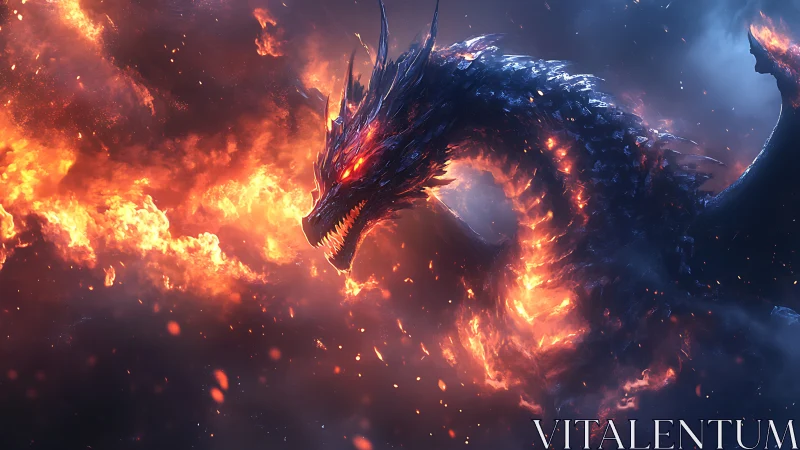 Fiery dragon silhouette amid dense flames and dark smoke.