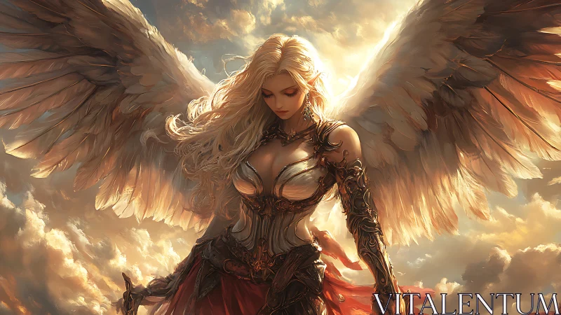 Winged warrior woman in glowing golden sky armor scene.