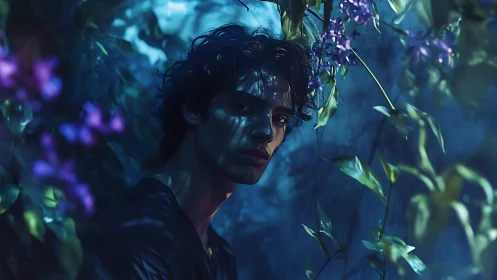 Moonlit dreamer hidden in a mysterious midnight garden.