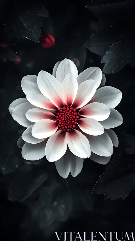White petaled flower with crimson core gradient against dark atmospheric background