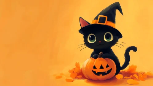 Black witch cat wearing pointed hat sits on carved jack-o-lantern pumpkin