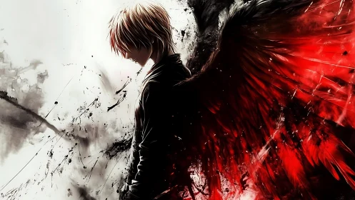 Solitary anime figure with red wings in high-contrast abstraction