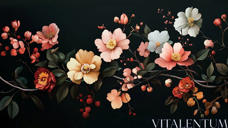 Botanical Floral Arrangement Against Dark Background.