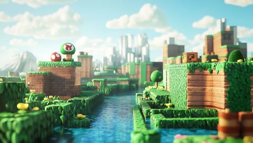 Playful blocky river world glowing in gentle sunshine.