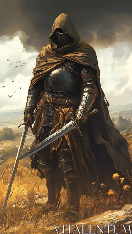 Hooded armored ranger stands watch in windswept golden field.