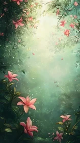 Floral Garden Frame with Pink Lilies and Green Mist