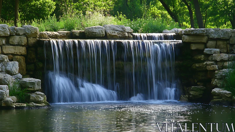 Stone garden waterfall curtain whispering in green light.