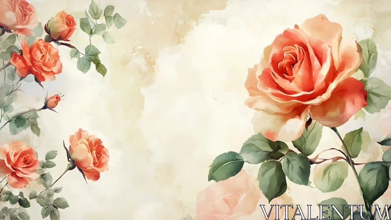 Watercolor Botanical Study: Layered Coral Roses with Translucent Foliage