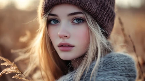 Winter meadow portrait with soft golden dusk light.