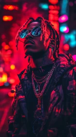 Neon city glow wraps a stylish figure in bold electric light