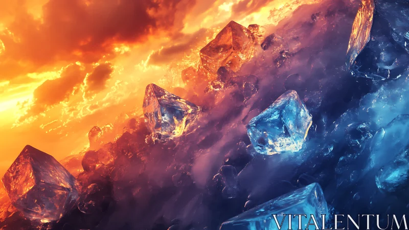 Luminous fire and ice cubes collide under blazing sky.