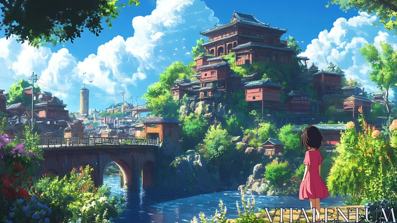 Anime hillside cityscape with river bridge and lone girl.