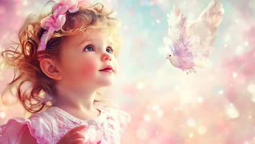 Toddler gazes at pastel dove in dreamy soft light scene.