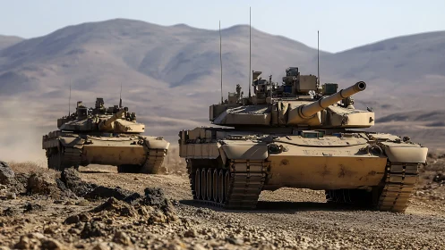 Military Tanks in Desert Formation.
