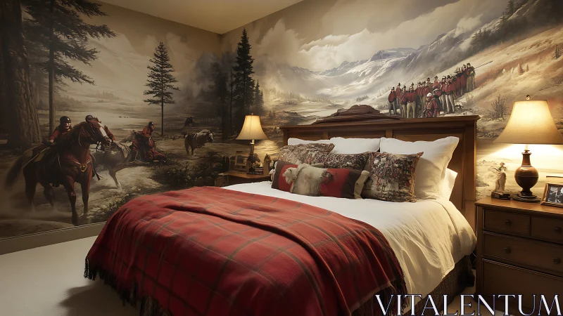 Mountain mural bedroom rides into cozy frontier dreams.