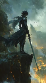 Storm-worn dark knight quietly surveys a burning valley below