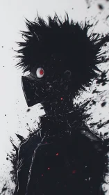 Shadowed masked figure gazes ahead with fierce red eye