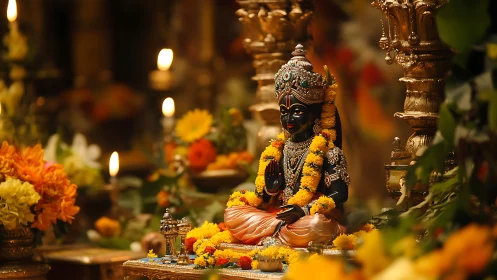 Ornate black deity statue amid golden temple garlands.