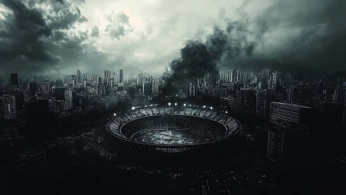 Storm-lit city stadium under moody apocalyptic skies.