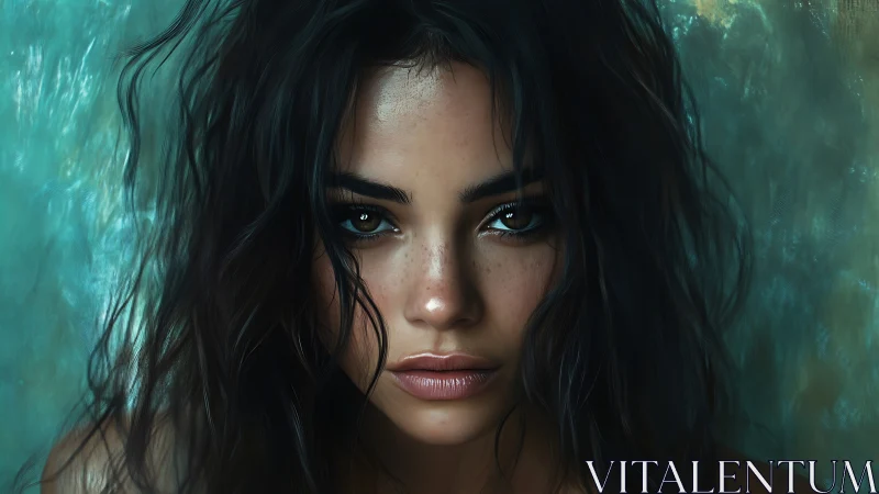 Storm-eyed muse in teal hush, hair wild with secrets.