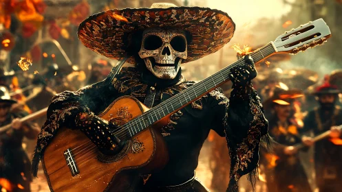 Skeleton guitarist in ornate costume during street parade.