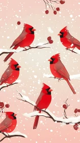 Red cardinals on snowy branches in stylized winter scene.