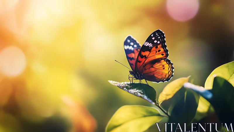 Orange butterfly on green leaf in warm glowing light.