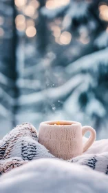 Cozy knit mug glows against dreamy snow-draped forest hush.