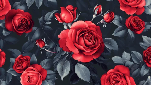 Red Roses on Dark Background with Gray Foliage.