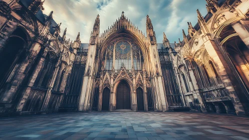 Digital painting of neo-gothic cathedral façade in low perspective.
