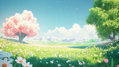 Blooming spring meadow frames distant sunlit mountain range