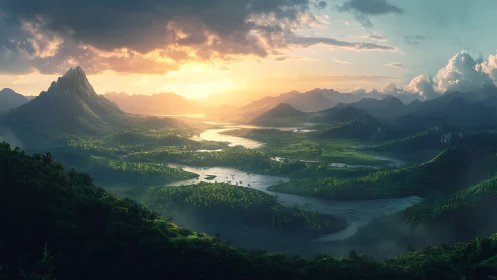 Sunlit river valley winds through lush mountains at dawn