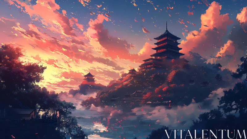 Sunset over tiered temples on misty forested hillside.