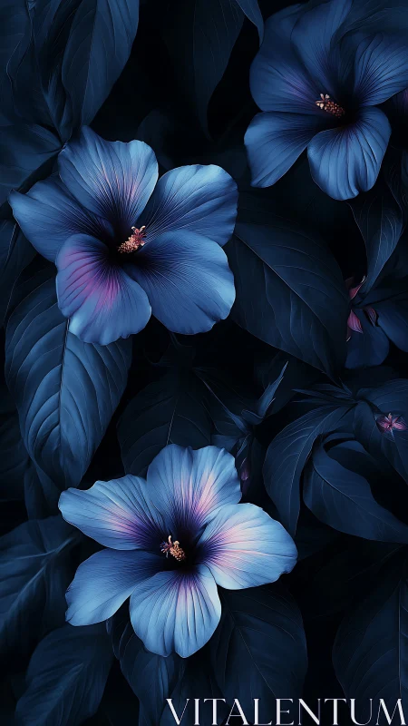 Luminous Blue Hibiscus Flowers Against Black Void.