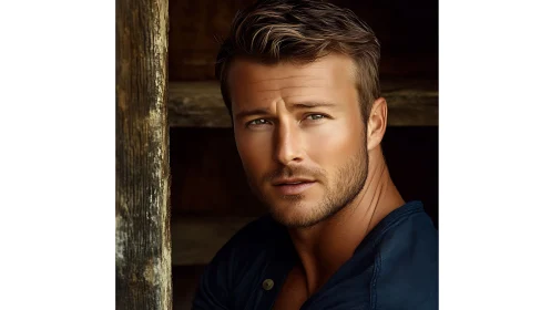 Cinematic close-up portrait of rugged man in warm chiaroscuro