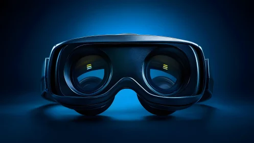 Futuristic VR Headset Close-Up in Dramatic Blue Lighting.